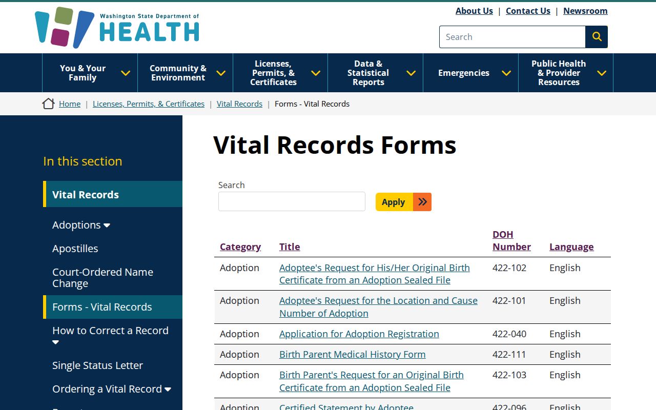 Snohomish County resident lookup Washington vital records forms