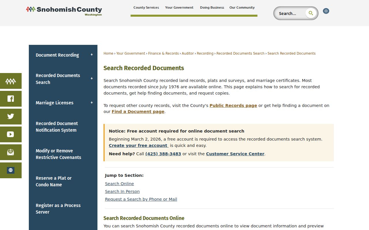 Snohomish County street directory recorded document fields
