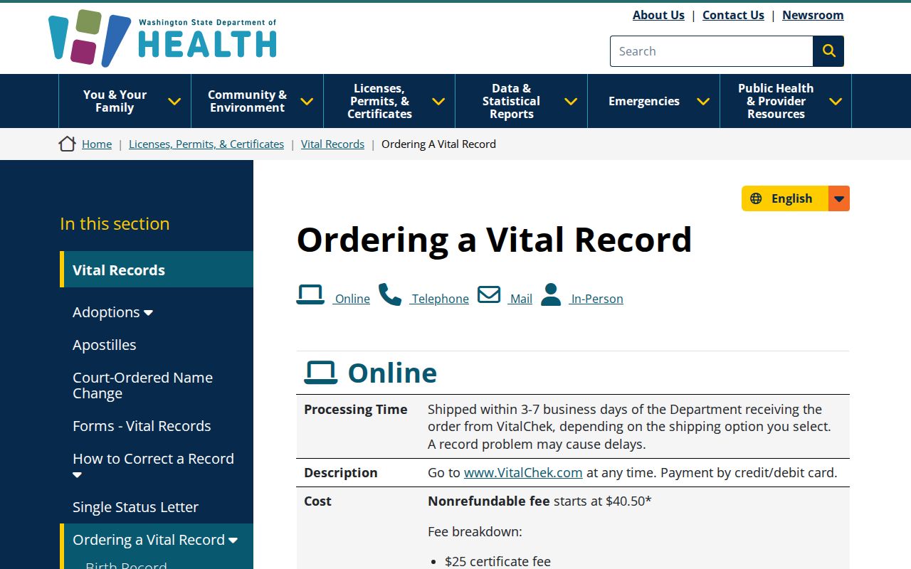 Snohomish County resident lookup Washington vital records order page